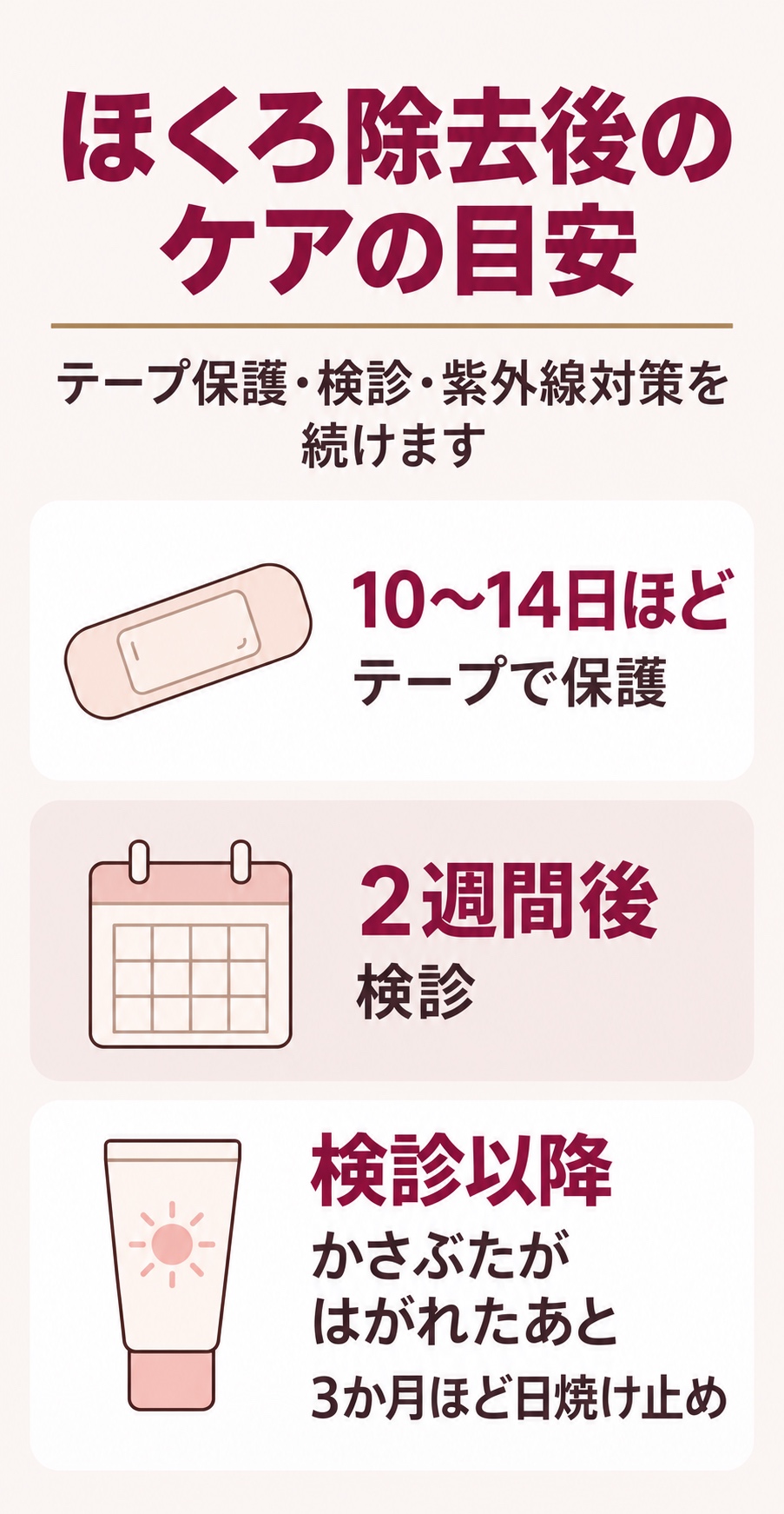 ほくろ除去後のテープ保護・検診・日焼け止めの目安