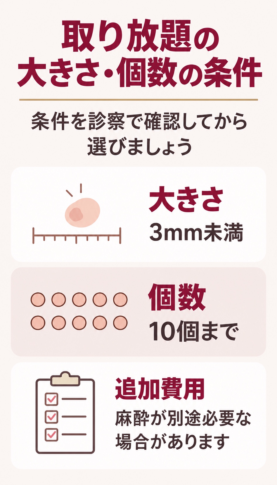 ほくろ除去の取り放題の大きさ・個数と料金の条件